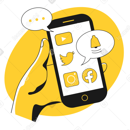 Hand with phone and social media icons PNG, SVG