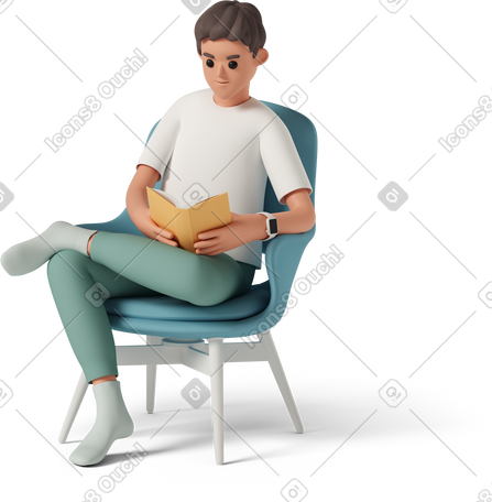 3D 男孩坐在扶手椅上看书 PNG, SVG