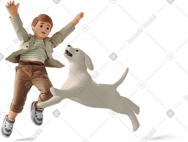 3D little boy jumping with dog PNG, SVG