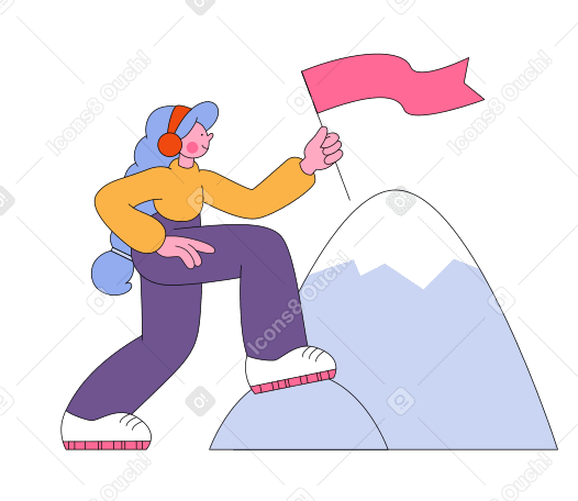 Woman placing flag on the mountain top Illustration in PNG, SVG