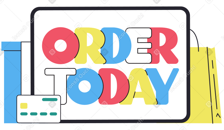 Schriftzug „order today“ auf dem bildschirm mit geschenk- und taschentext PNG, SVG