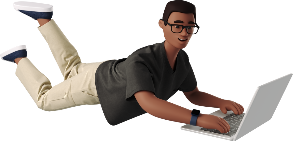 3D man lying on stomach with laptop Illustration in PNG, SVG