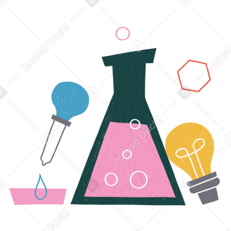 Chemical research. Flask, pipette and light bulb PNG, SVG