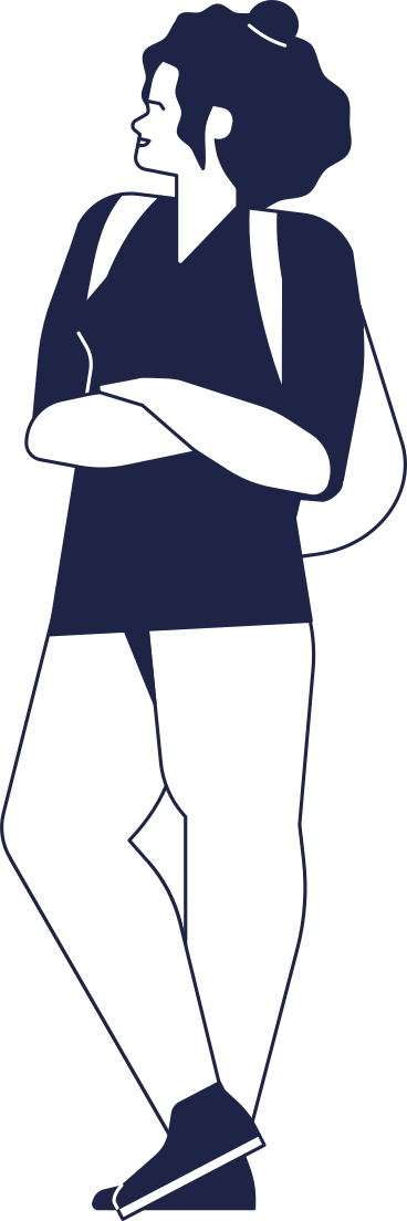 Turista femminile con zaino sta con le braccia incrociate sul petto PNG, SVG