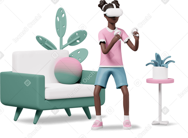 3D girl with vr headset playing video games at home Illustration in PNG, SVG
