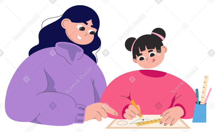 Mom helps daughter with homework PNG, SVG
