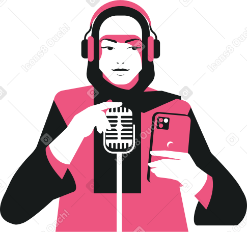 girl in headphones with phone and microphone Illustration in PNG, SVG