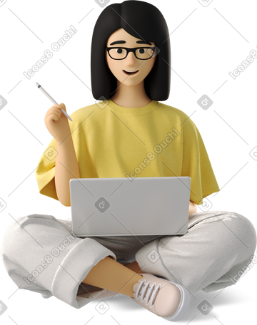 3D young woman sitting with laptop and stylus PNG, SVG