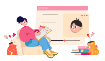 Girl sitting in a chair with a notepad and watching a video lecture PNG, SVG