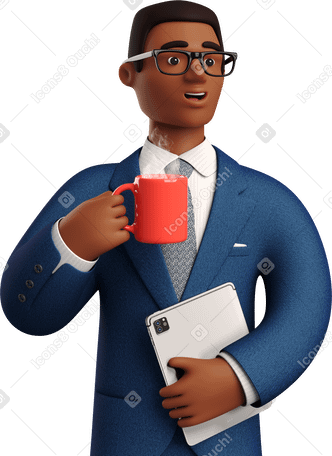 3D black businessman in blue suit with coffee mug holding tablet PNG, SVG