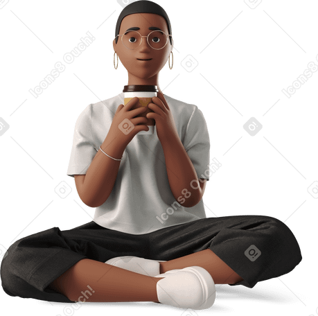 3D black young woman in glasses sitting and drinking coffee PNG, SVG