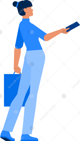 woman with a package presses the remote control PNG, SVG