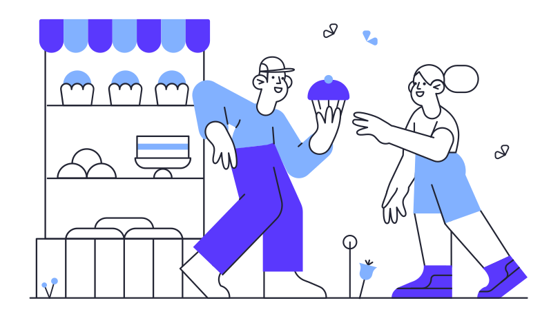 sweet shop clerk holds out a cupcake to a girl Illustration in PNG, SVG