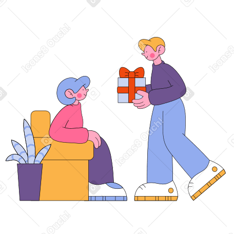 Guy gives gift to girl sitting on chair PNG, SVG