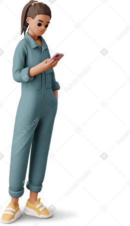 3D young woman in the worker jumpsuit looking at smartphone Illustration in PNG, SVG