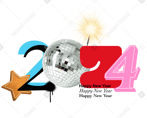 Надпись 2024 с диско-шаром в PNG, SVG