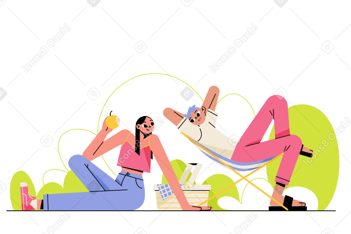 Woman and a man relax together on picnic Illustration in PNG, SVG