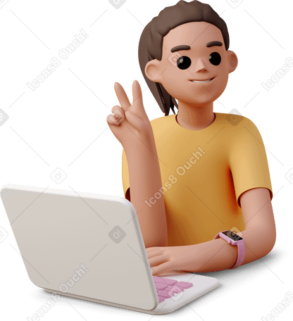 3D 年轻女子在笔记本电脑上工作并展示 v 标志 PNG, SVG