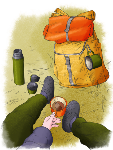 徒步旅行者在休息时喝茶 PNG, SVG