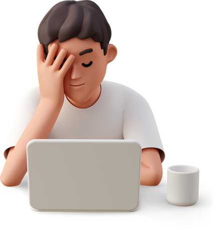 3D Junger mann mit geschlossenen augen, der am laptop arbeitet und den kopf hält PNG, SVG