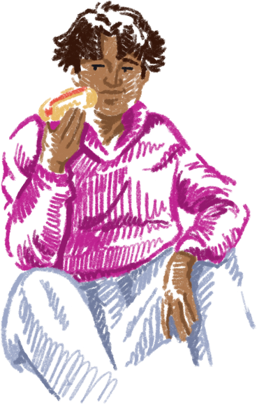 Young man eating a hot dog PNG, SVG