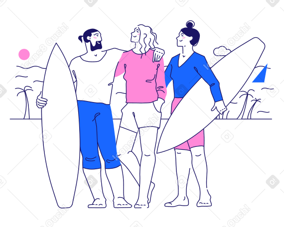 Friends gathered to surf on the sea Illustration in PNG, SVG