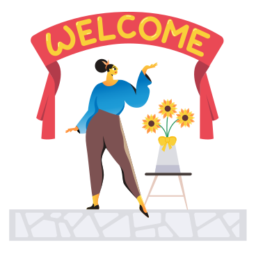 Woman with sunflowers under welcome banner PNG, SVG