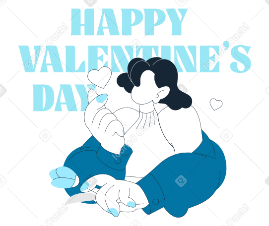 Schriftzug „happy valentine's day“ mit einer jungen frau, die die finger-herz-geste macht PNG, SVG