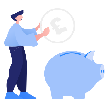 Man putting a pound sterling coin into a piggy box PNG, SVG