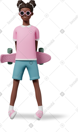 3D 戴墨镜的女孩背着滑板站着 PNG, SVG