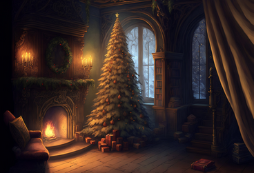 3D room with fireplace and christmas tree background PNG, SVG