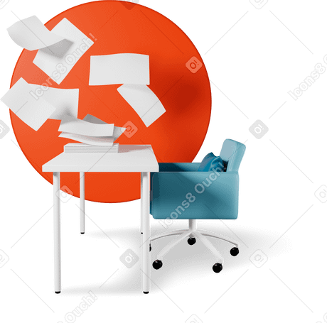 3D flying paper, office desk and chair PNG, SVG