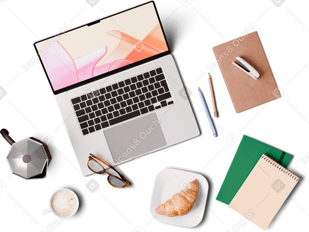 3D top view of laptop, moka pot, cup of coffee, and croissant PNG, SVG