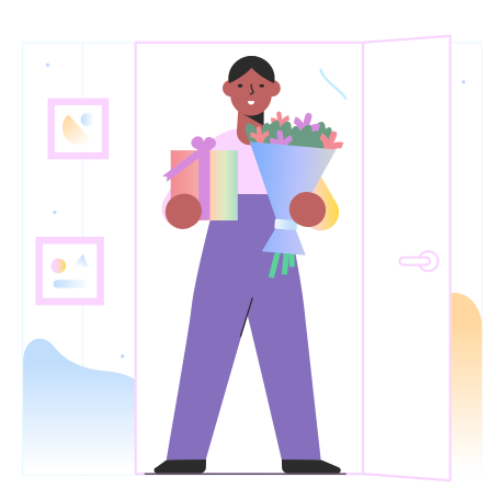 Boy standing in open door with present and flowers Illustration in PNG, SVG