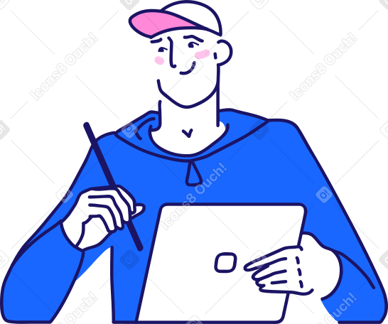 man in a cap holdind a tablet and stylus Illustration in PNG, SVG