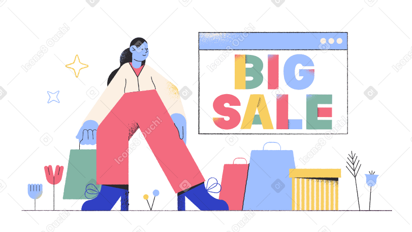 Gran venta de letras y una chica con bolsas de compras PNG, SVG