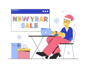 Vente de nouvel an de lettrage dans le navigateur avec des cadeaux PNG, SVG