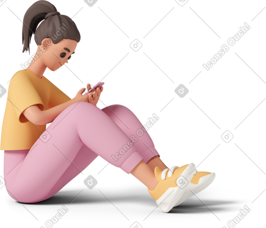 3D 坐在智能手机上轻敲的年轻女子 PNG, SVG