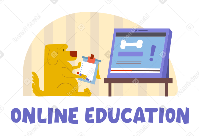 Illustration Online education text with dog attending online class aux formats PNG, SVG