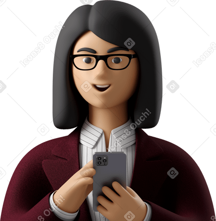 3D close up of businesswoman in red suit with phone looking straight Illustration in PNG, SVG