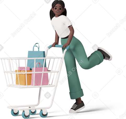 3D black girl with shopping cart PNG, SVG