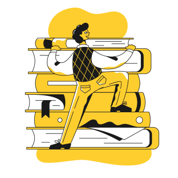 Student climbing on giant book pile PNG, SVG