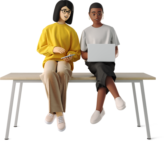 3D young women sitting with laptop on the table Illustration in PNG, SVG