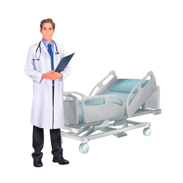 病院のベッドの前で書類を持っている白衣の医師 PNG、SVG