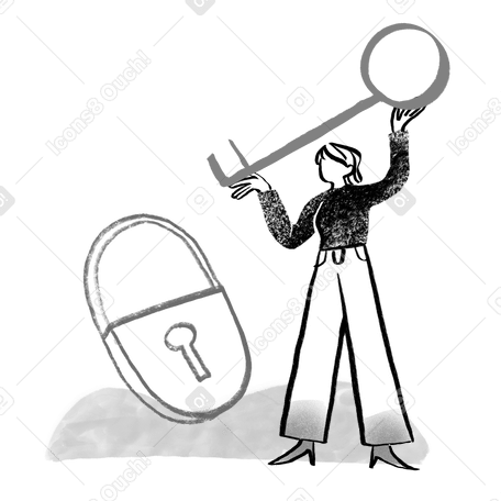 Black and white woman opening lock with a key Illustration in PNG, SVG