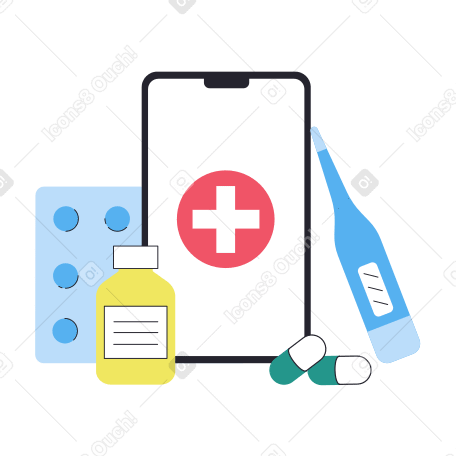 Смартфон с онлайн-медицинским приложением в окружении таблеток и термометра в PNG, SVG