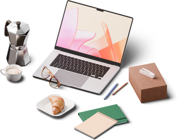 Isometric view of laptop, moka pot, cup of coffee and croissant PNG, SVG