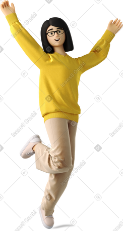 3D 快乐的年轻女子举起双臂跳跃 PNG, SVG