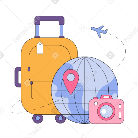 手提箱和一个行星，一架飞机围绕着它飞行，一台照相机站在 PNG, SVG