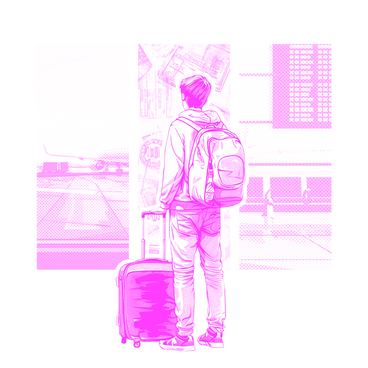 Молодой человек ждет свой самолет в аэропорту в PNG, SVG